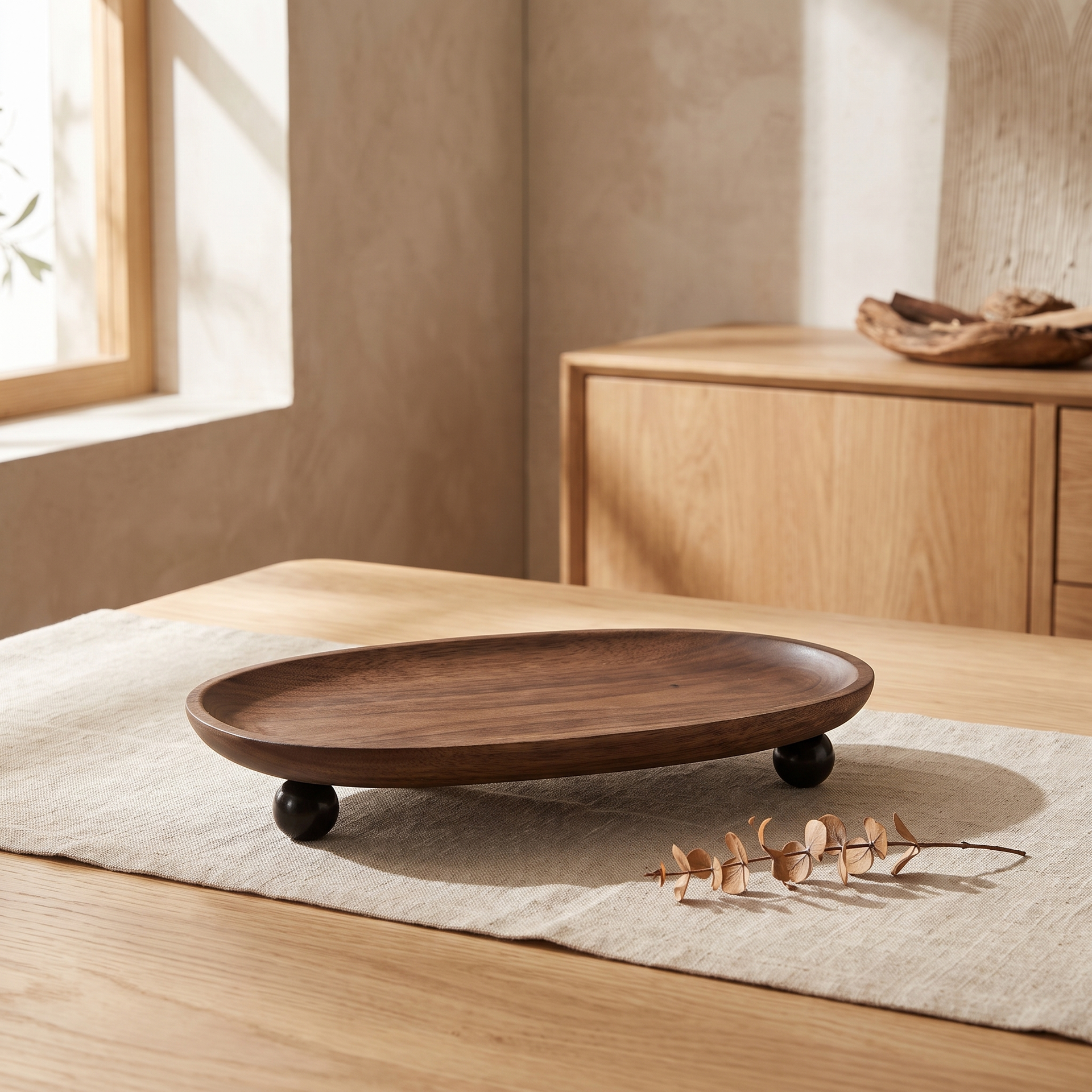 Minimalist wood catchall tray on a linen runner with a small dried stem