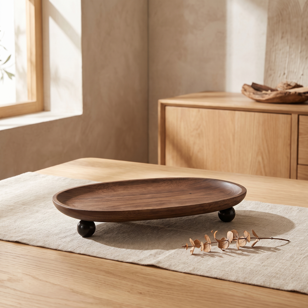 Minimalist wood catchall tray on a linen runner with a small dried stem