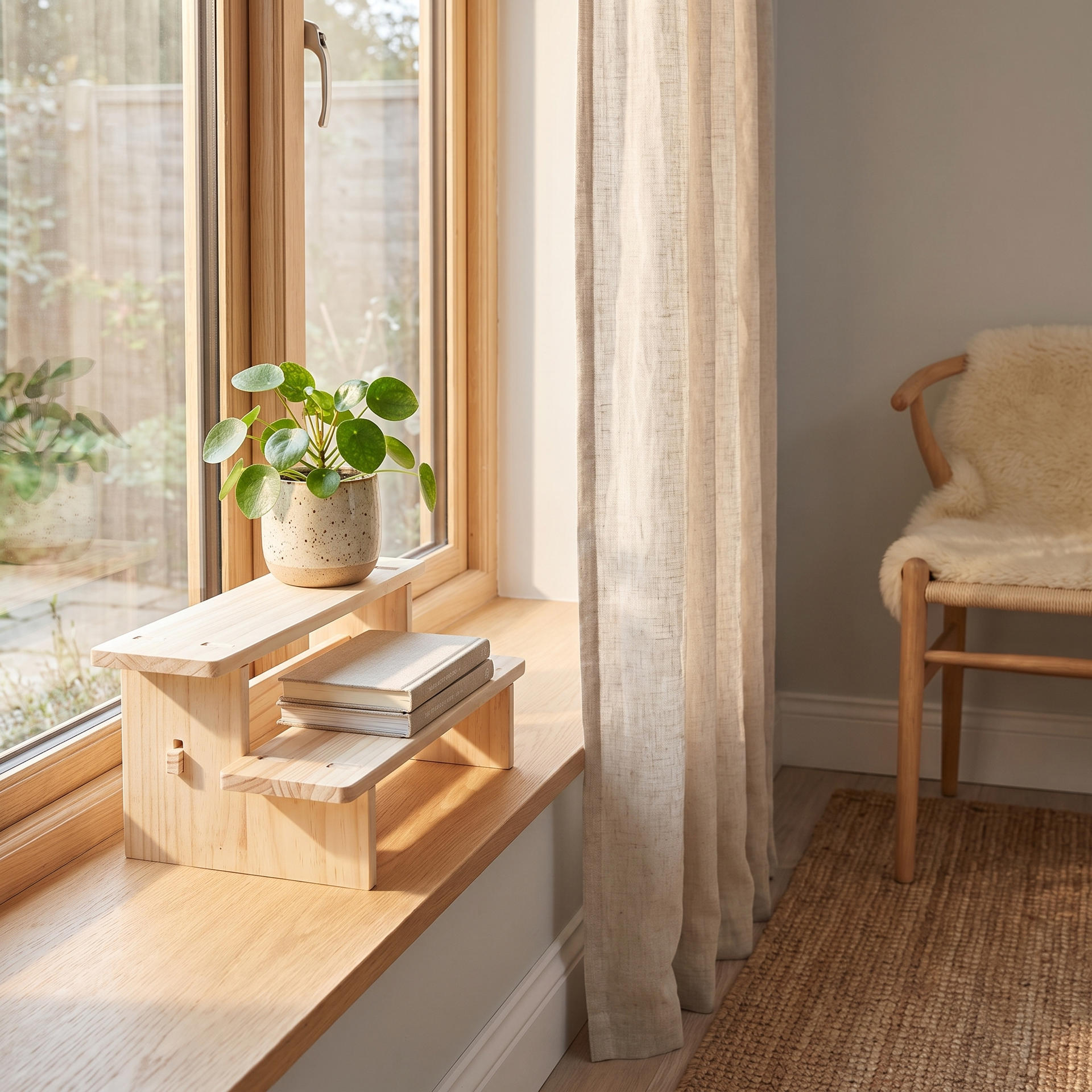 Tiered wood pedestal stand styling a candle on a console table