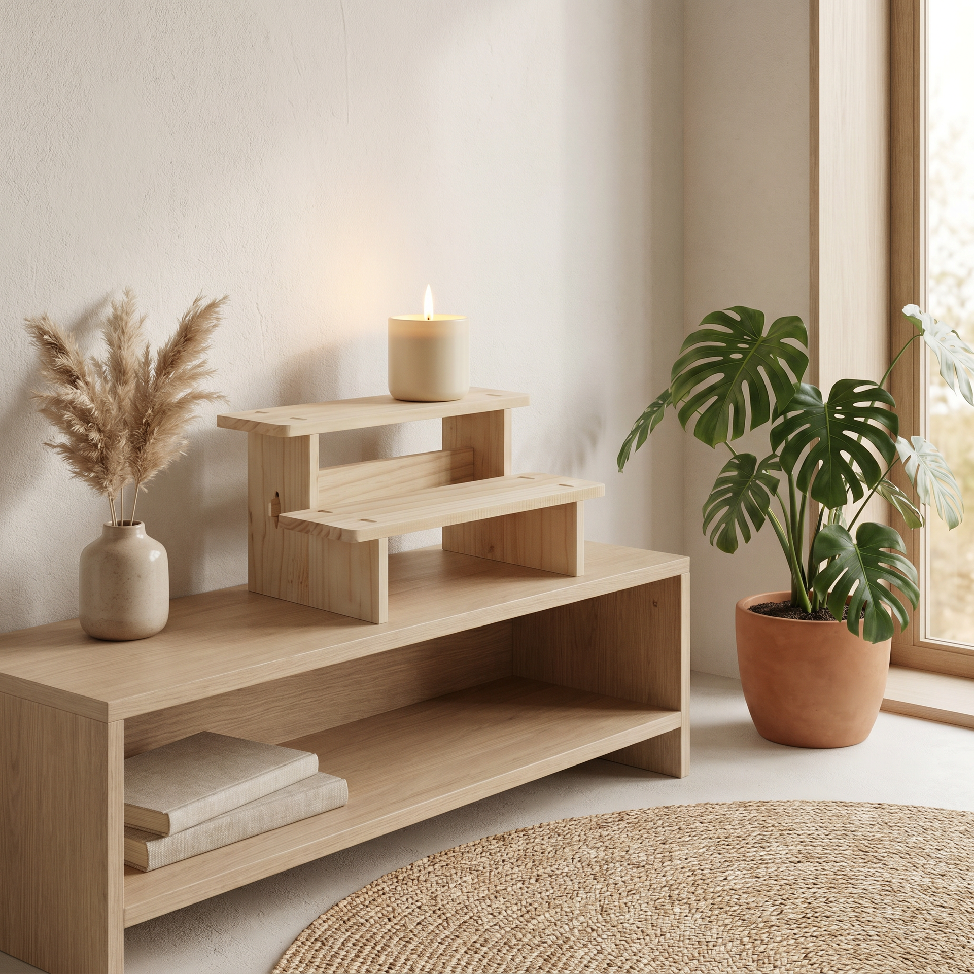 Minimalist wood riser lifting a ceramic vase on an open shelf