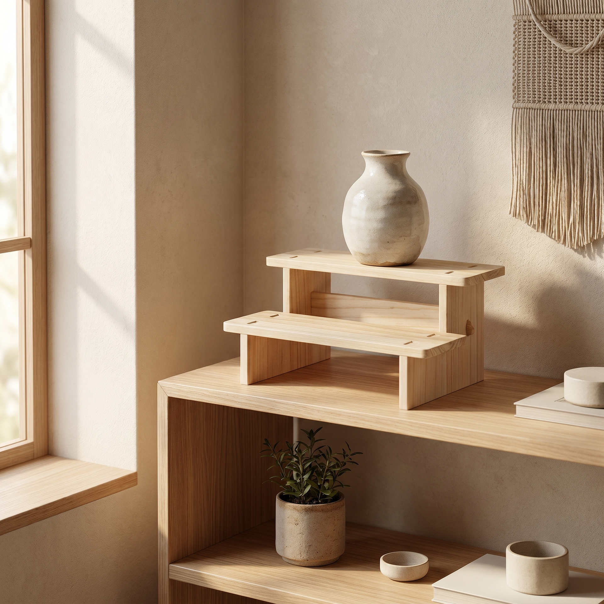Stacked wood riser with a trinket dish in a calm entryway