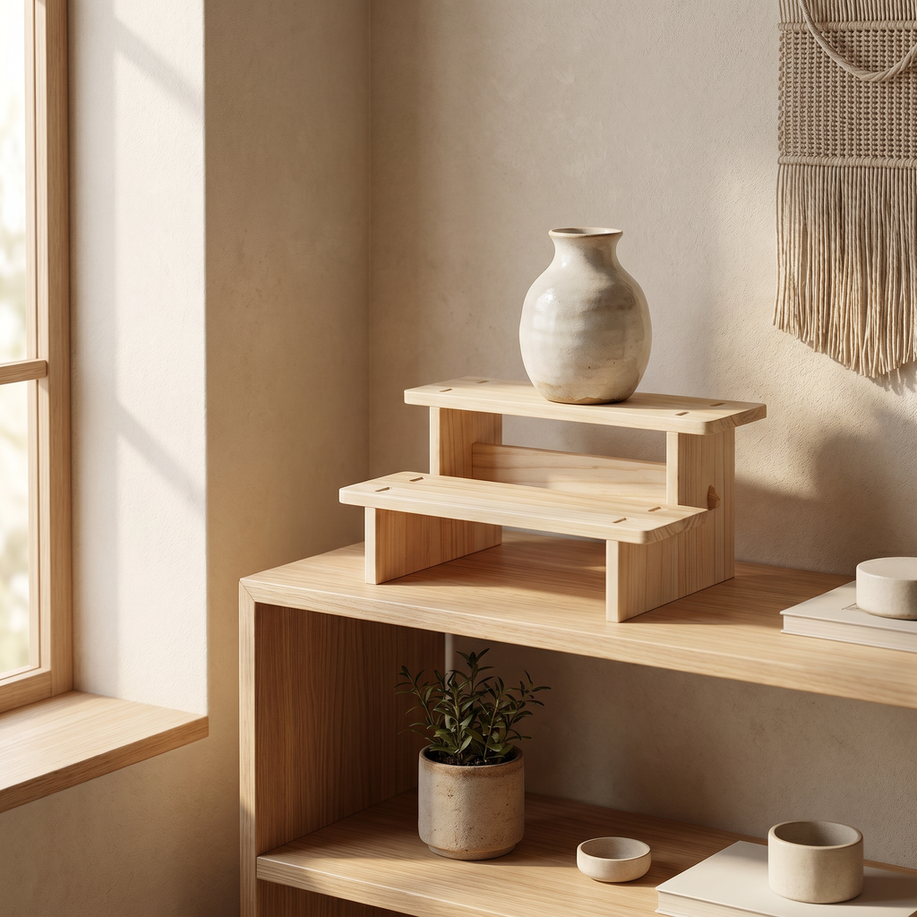 Stacked wood riser with a trinket dish in a calm entryway