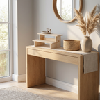 Japandi wood pedestal stand displaying a stoneware bowl on a sideboard