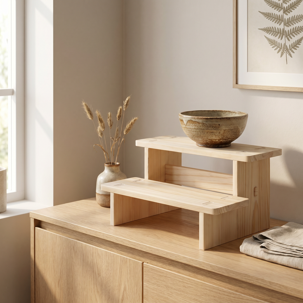Close-up of the grain on a solid natural wood display riser