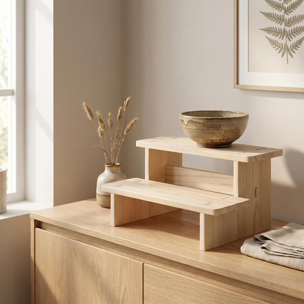 Close-up of the grain on a solid natural wood display riser