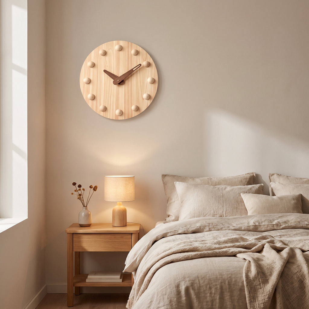 Wood Nordic wall clock above a nightstand in a cozy bedroom