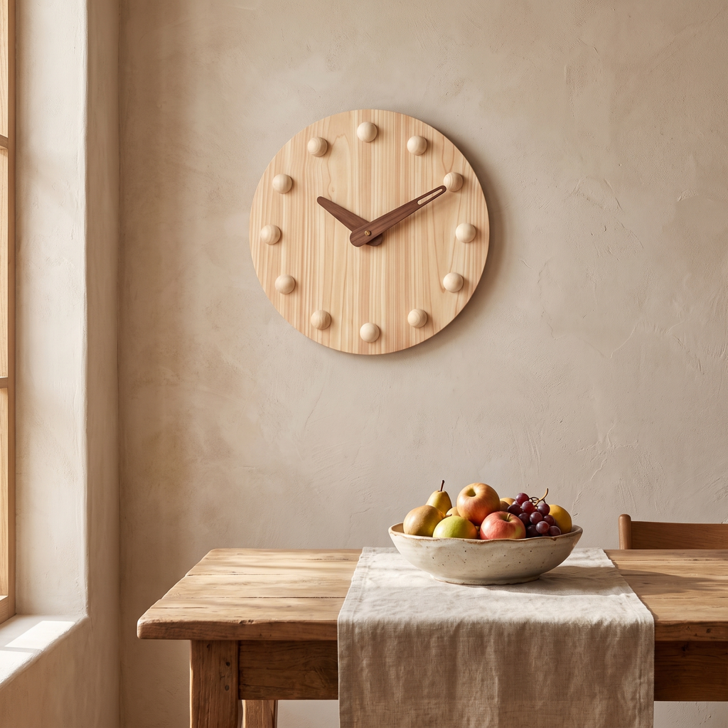 Wood Nordic wall clock above a rustic dining table