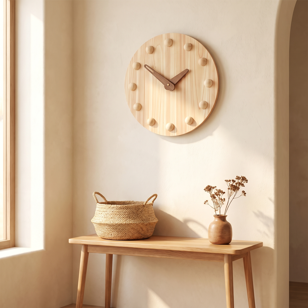 Wood Nordic wall clock above a console in a warm entryway