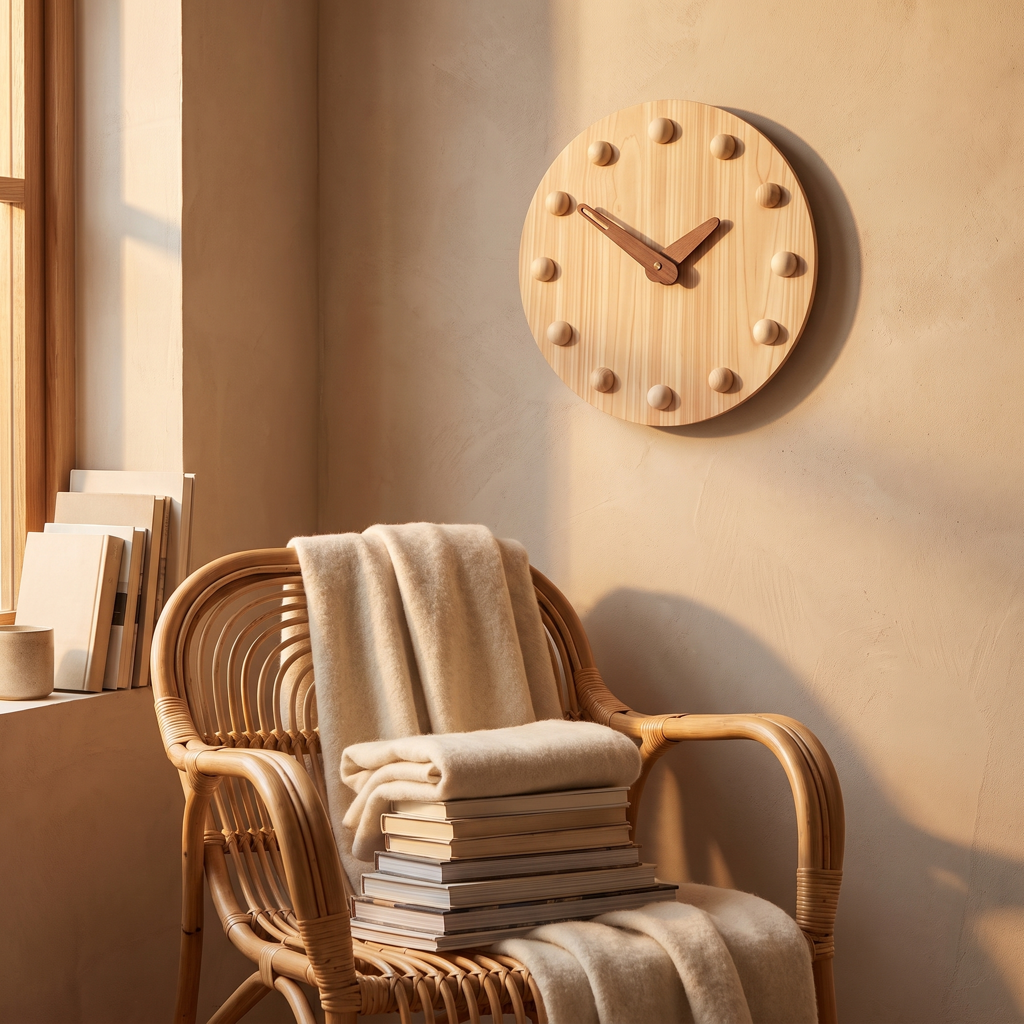 Wood Nordic wall clock in a cozy reading nook