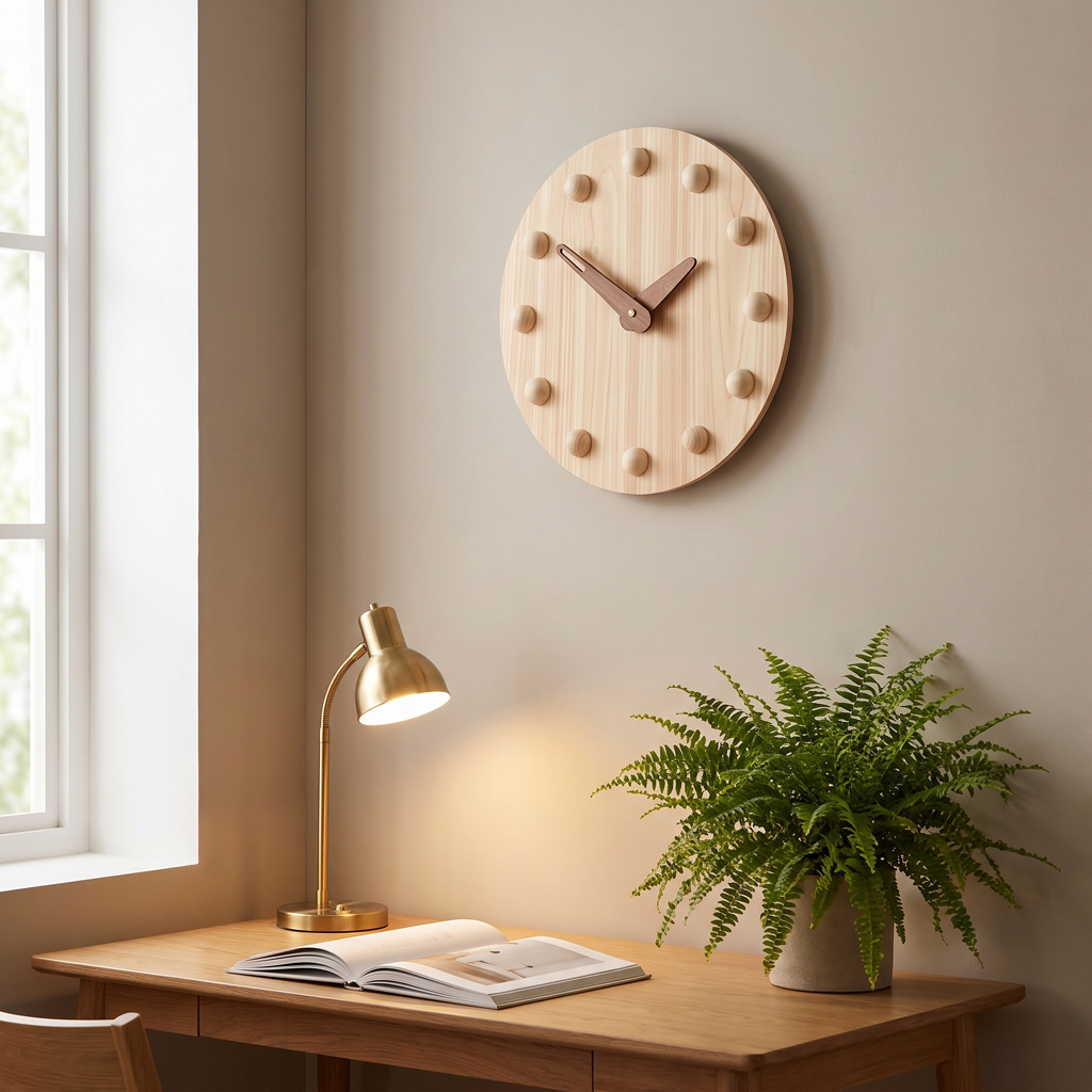 Wood Nordic wall clock above a desk in a warm home study